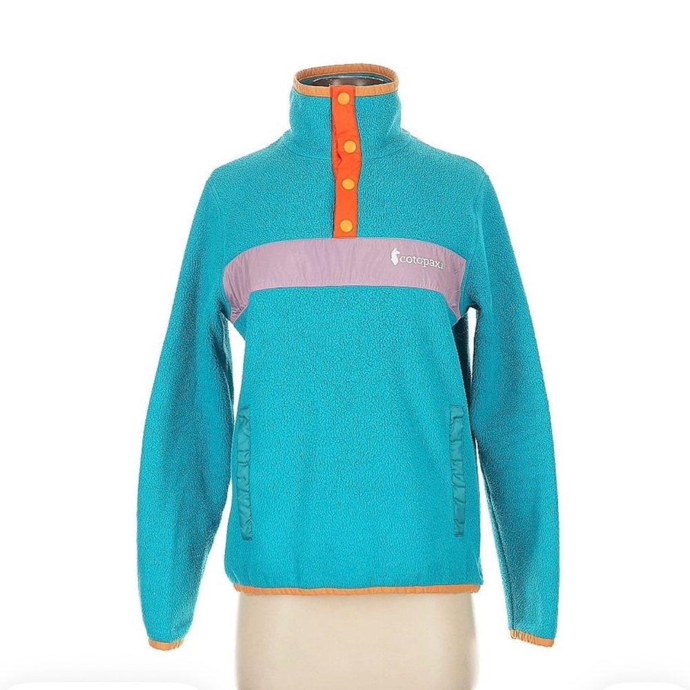 Cotopaxi Turquoise Fleece with Orange and Lavender Accents